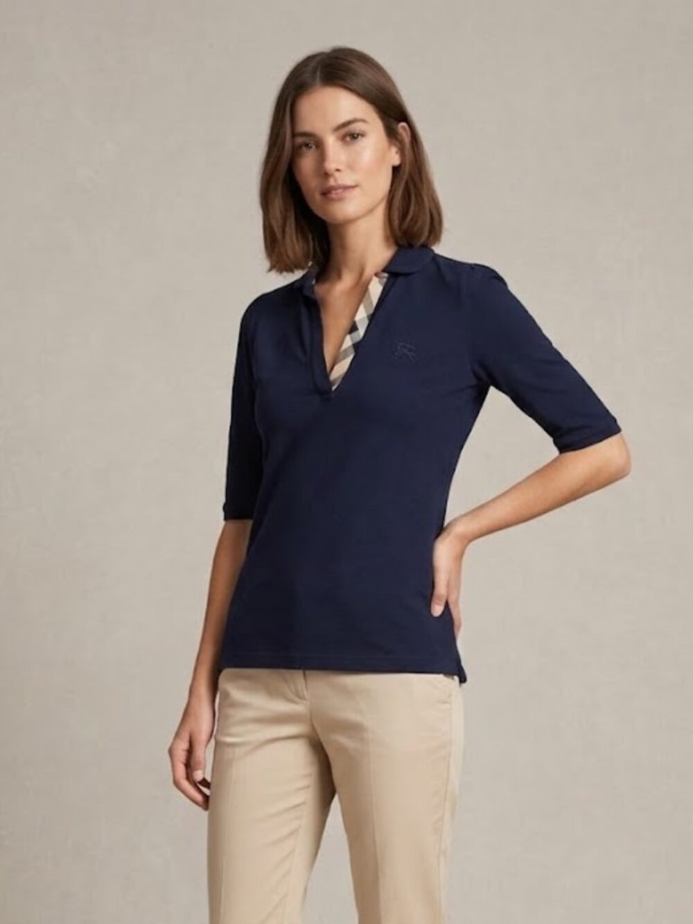 Burberry Brit Navy Blue V-Neck Polo Top - Size Medium